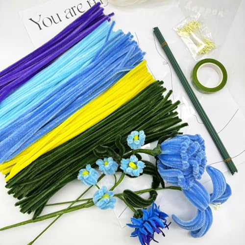 TirEurt 257 Stück Tulpe Blumenstrauß Pfeifenreiniger Set, Pfeifenputzer zum Basteln Bunt mit 5 Farben, Künstliche Blumen DIY Chenilledraht Pfeifenreiniger Geschenke für Hochzeit Bastelprojekte (Blau) von TirEurt