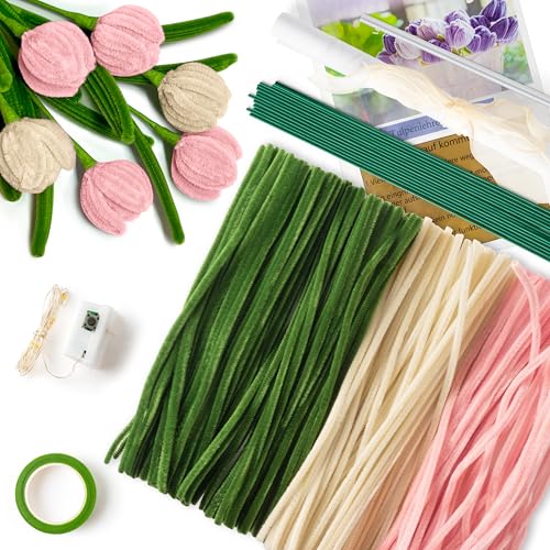 TirEurt 200 Stück Tulpe Blumenstrauß Pfeifenreiniger Set, Pfeifenputzer zum Basteln Bunt mit 3 Farben, Künstliche Blumen DIY Chenilledraht Pfeifenreiniger Geschenke für Hochzeit Bastelprojekte (Rosa) von TirEurt