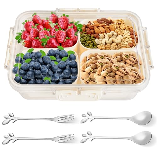 TirEurt Snackbox mit Fächern, Küche Snackteller mit Deckel Snackschale Aufbewahrungsbox, Transportbox Snackschalen für Süßigkeiten Veggie Keks Obst Nüsse mit Löffel und Gabel, 4 Fächern von TirEurt