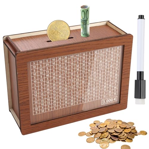 Spardose aus Holz, Retro Sparbüchse Aufbewahrungsbox mit Acryltafel Sparbox mit Sparziel Kinder-Sparzie und Zahlen Zum Ankreuzen 3000€ Wiederverwendbare mit Marker Hilft Die Gewohnheit Zum Sparen von Tiryns