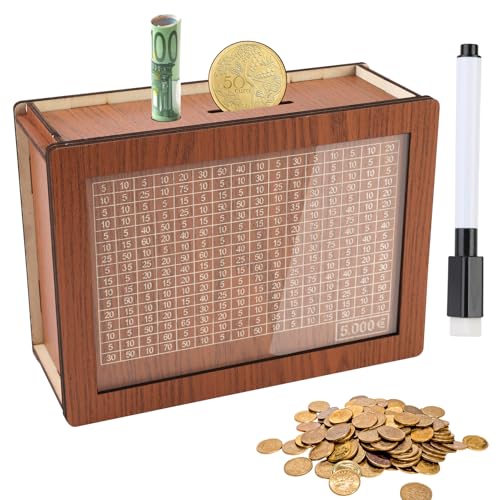 Spardose aus Holz, Retro Sparbüchse Aufbewahrungsbox mit Acryltafel Sparbox mit Sparziel Kinder-Sparzie und Zahlen Zum Ankreuzen 5000€ Wiederverwendbare mit Marker Hilft Die Gewohnheit Zum Sparen von Tiryns