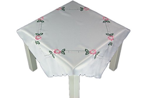 Klassische preiswerte Tischdecke 85x85 cm eckig Champagner Stickerei Rosen Rosa Grün Mitteldecke Frühling Sommer Herbst (Rosen Rosa Grün) von Tischdecken ALLZEIT