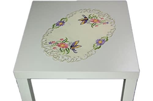 Tischdecke 30x45 cm Oval Creme Schmetterlinge Blüten Bunt Gestickt Platzdeckchen Frühling Sommer (Deckchen 30x45 cm oval) von Tischdecken FRÜHLING
