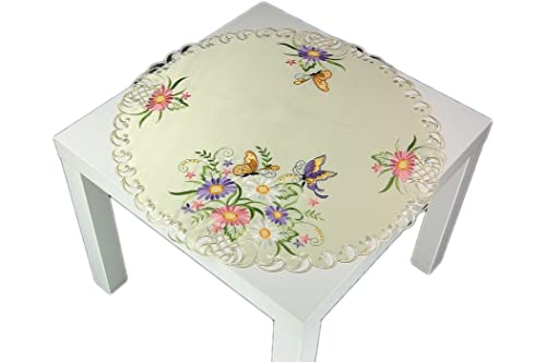 Tischdecke Rund 60 cm Creme Schmetterlinge Blüten Gestickt Decke Frühling Sommer (Mitteldecke 60 cm rund) von Tischdecken FRÜHLING