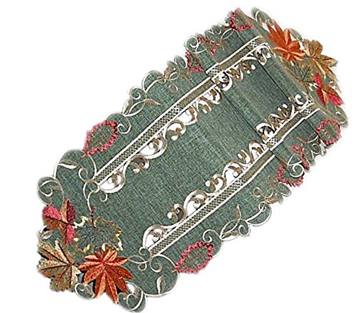 Tischdecke 30 x 160 cm Tischband Leinenoptik grün Blätter terrakotta beige gestickt Herbst (Tischband 30x160 cm oval) von Tischdecken HERBST klassisch