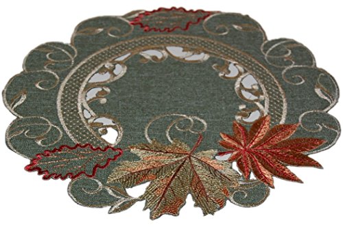 Tischdecke Tischläufer Deckchen rund 30 cm Leinenoptik grün Blätter Terrakotta beige gestickt Herbst (Deckchen 30 cm rund) von Tischdecken HERBST klassisch
