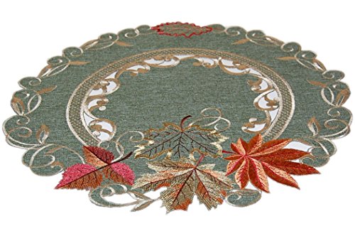 Tischdecke rund 40 cm Deckchen Leinenoptik Grün Blätter terrakotta beige gestickt Herbst (Deckchen 40 cm rund) von Tischdecken HERBST klassisch