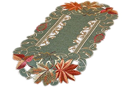 Tischdecke 30 x 70 cm oval Leinenoptik grün Stickerei Blätter Terrakotta Beige (Tischläufer 30x70 cm oval) von Tischdecken HERBST klassisch