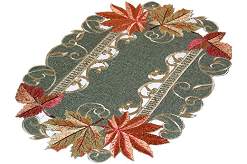 Tischdecke Leinenoptik Grün Stickerei Blätter Tischläufer Läufer Aufleger Decke (Deckchen 30x45 cm oval) von Tischdecken HERBST klassisch