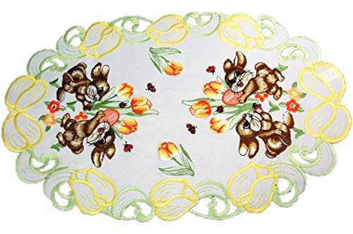 Espamira Tischdecke Weiß Ostern Osterhase Gestickt Tulpen Osterdecke Ostertischdecke (30x45 cm oval) von Tischdecken OSTERN