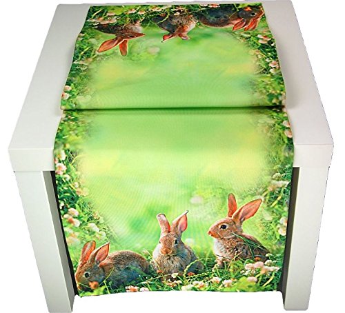 Tischdecken OSTERN 3 Hasen Wiese grün braun digitaler Fotodruck modern Polyester Osterdecke Ostertischdecke (Tischläufer 40x140 cm) von Tischdecken OSTERN