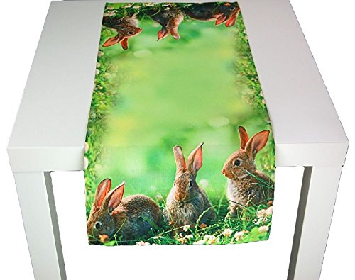 Tischdecken OSTERN 3 Hasen Wiese grün braun digitaler Fotodruck modern Polyester Osterdecke Ostertischdecke (Tischläufer 40x90 cm) von Tischdecken OSTERN