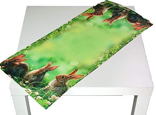 Tischdecken OSTERN 3 Hasen Wiese grün braun digitaler Fotodruck modern Polyester Osterdecke Ostertischdecke (Tischläufer 35x70 cm) von Tischdecken OSTERN