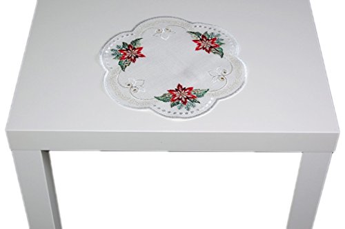 Tischdecke Weihnachten Plauener Spitze ® rund 28 cm Sekt WEIHNACHTSSTERN rot Gold gestickt Klassische Eleganz (Deckchen rund 28 cm) von Tischdecken WEIHNACHTEN Landhaus