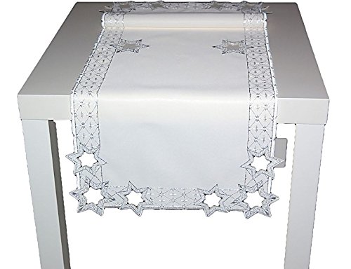 Plauener Spitze Läufer 40x100 cm Weihnachten Stickerei Sterne Silber Tischläufer Made in Germany (Silber) von Tischdecken --Weihnachten--