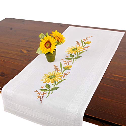 Stickpackung gelbe Blumen, komplettes vorgezeichnetes Kreuzstich Tischdecken Set, Herbst Tischläufer Stickset mit Stickvorlage zum Selbersticken von Tischdeckenshop24