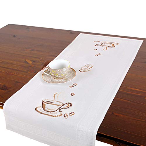 Stickpackung Kaffee, komplettes vorgezeichnetes Kreuzstich Tischdecken Set, Tischläufer Stickset mit Stickvorlage zum Selbersticken für jede Jahreszeit von Tischdeckenshop24