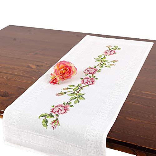 Tischdeckenshop24 Stickset Rosa Rosen, komplettes Tischläufer-Set, Handarbeit-Stickset für Erwachsene, Kreuzstich-Stickerei von Tischdeckenshop24