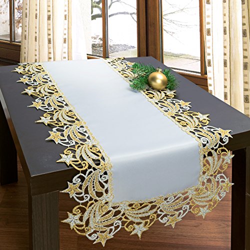 Tischläufer Tischdecke Makramee Goldene Weihnacht, 40x100 cm, Klassische Tischwäsche in Silber-Gold zu Weihnachten von Tischdeckenshop24