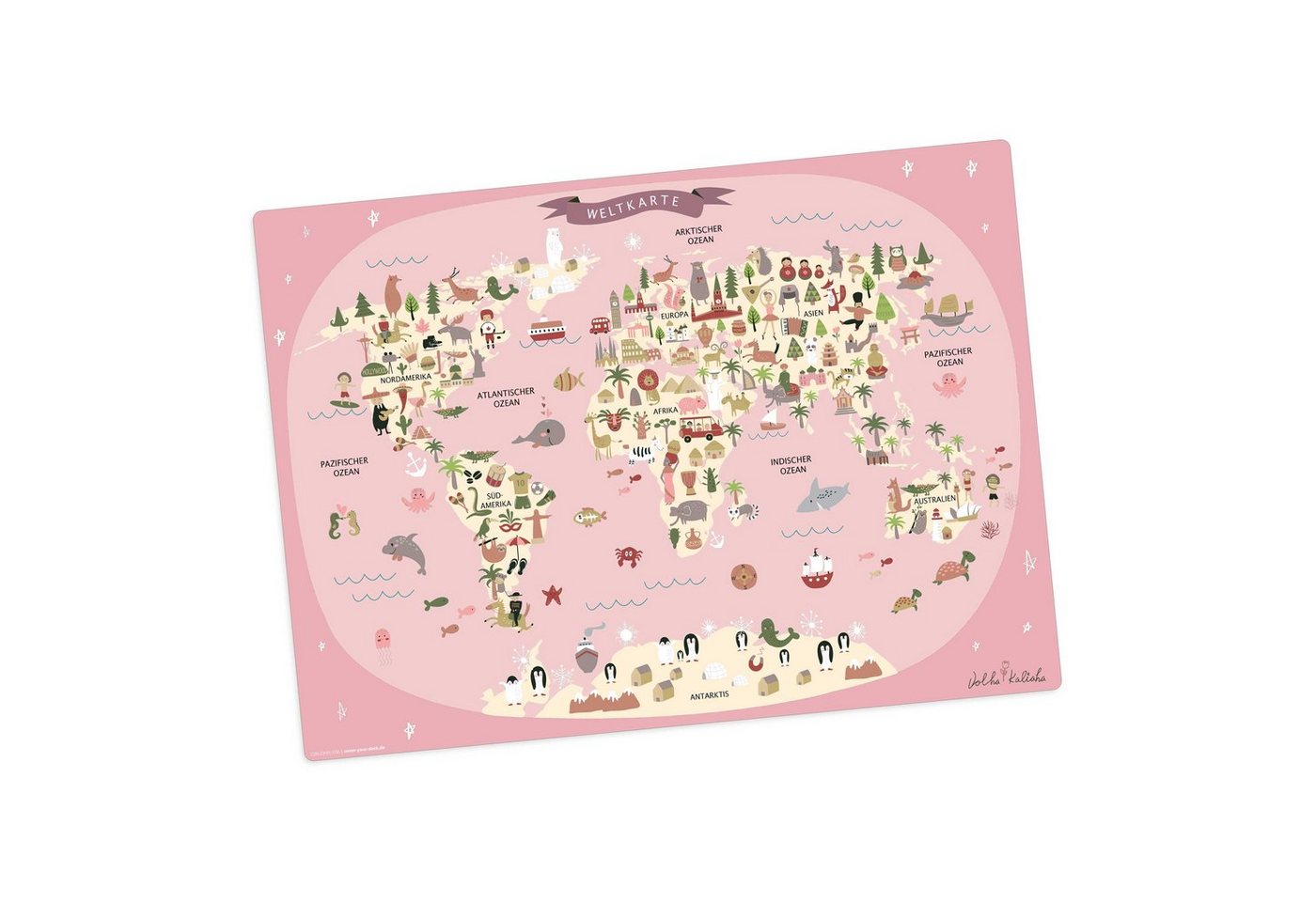 Platzset, Tischset,  Platzset abwaschbar - Kinder - Weltkarte rosa mit Tieren, Tischsetmacher, (aus erstklassigem Vinyl (Kunststoff - BPA-frei) - in deutsch, 1-St., 44 x 32 cm - rutschfeste Tischdekoration), Made in Germany von Tischsetmacher