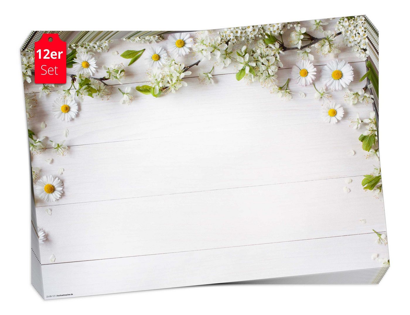 Platzset, Tischset Frühling, Ostern & Blumen - Wiesenblüten auf weißem Holztisch, Tischsetmacher, (aus Naturpapier in Aufbewahrungsmappe, 12-St., 44 x 32 cm / weiß), Made in Germany von Tischsetmacher
