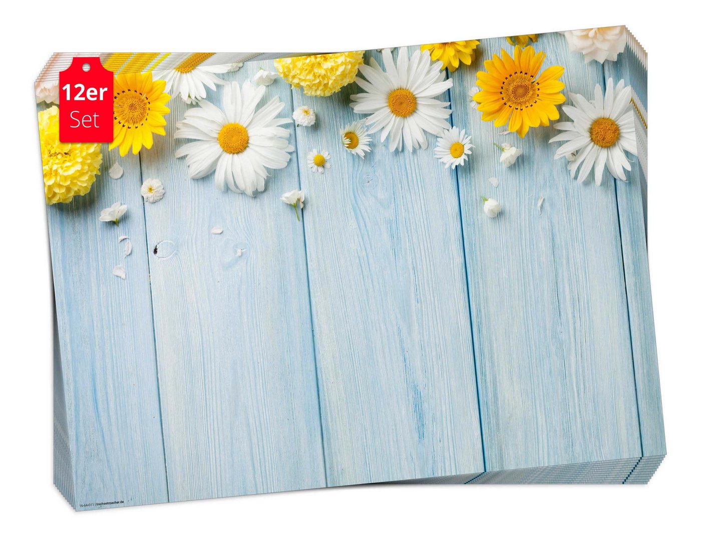 Tischsetmacher Platzset Tischset Frühling, Ostern & Blumen - Blumen auf Holztisch, (aus Naturpapier in Aufbewahrungsmappe für Feiern, 12-St., 44 x 32 cm / blau-gelb), Tischdeko Made in Germany von Tischsetmacher