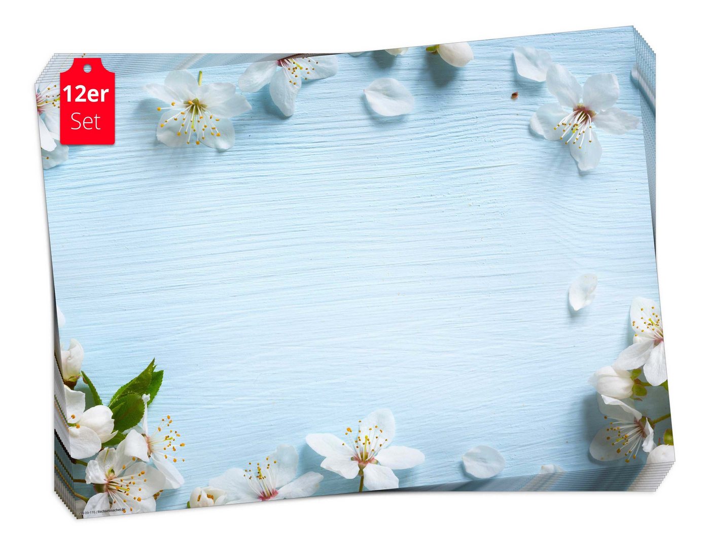 Platzset, Tischset Frühling, Ostern & Blumen - Apfelblüten auf blauem Holz, Tischsetmacher, (aus Naturpapier in Aufbewahrungsmappe für tolles Ambiente, 12-St., 44 x 32 cm / blau-weiß), Tischdeko Made in Germany von Tischsetmacher