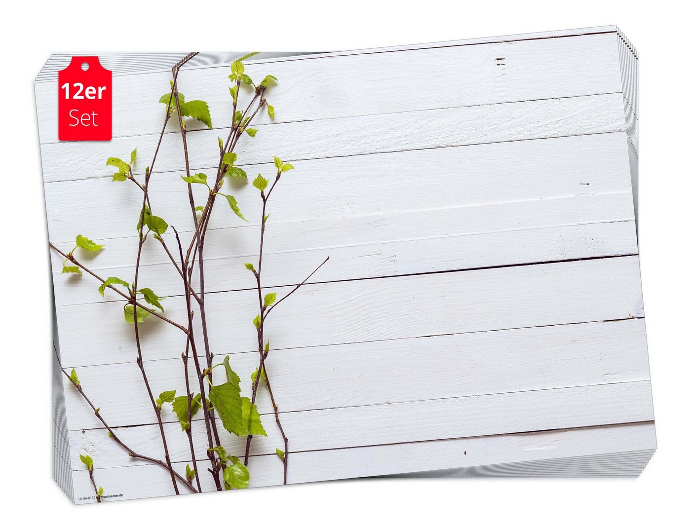 Platzset, Tischset Frühling, Ostern & Blumen - Frühlingszweige auf weißem Tisch, Tischsetmacher, (aus Naturpapier in Aufbewahrungsmappe, 12-St., 44 x 32 cm / weiß-grün), Made in Germany von Tischsetmacher