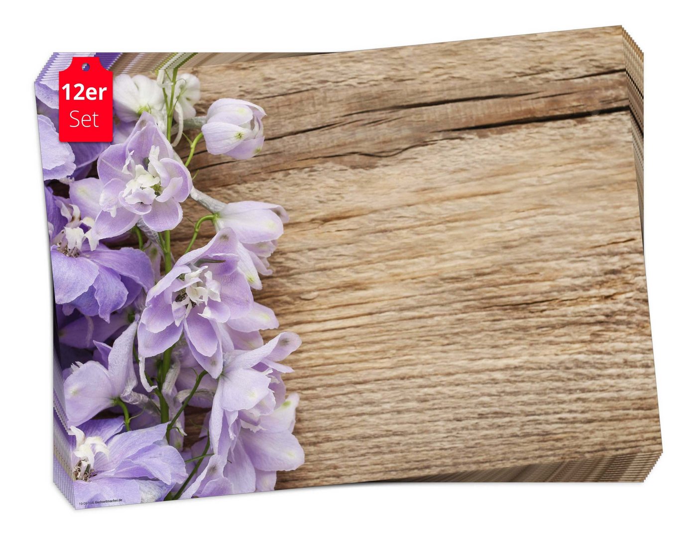 Tischsetmacher Platzset Tischset Frühling, Ostern & Blumen - Lila Blümchen auf Holzhintergrund, (aus Naturpapier in Aufbewahrungsmappe für tolles Ambiente, 12-St., 44 x 32 cm / lila-braun), Tischdeko Made in Germany von Tischsetmacher