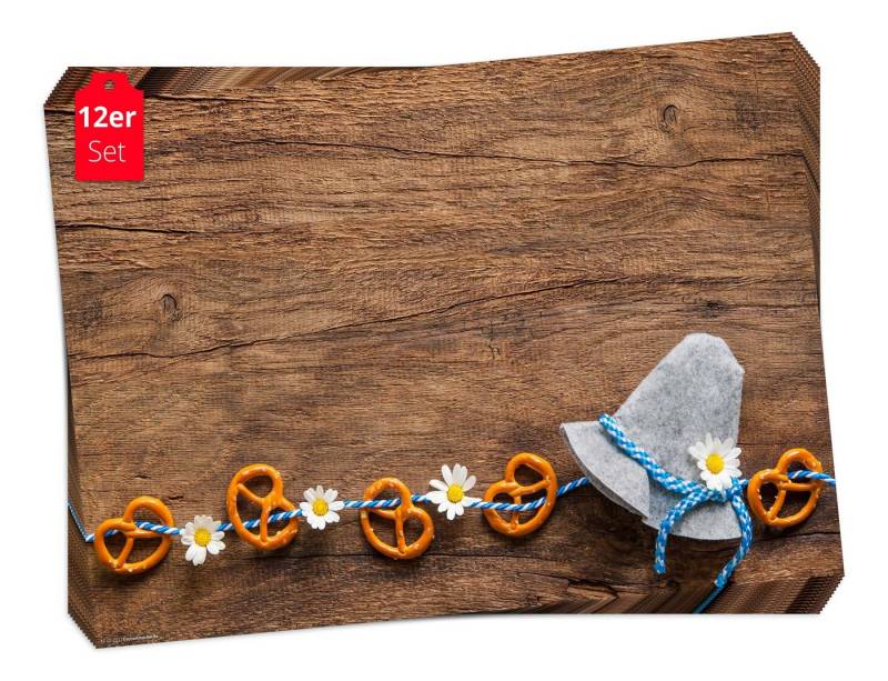 Tischsetmacher Platzset Tischsets I Platzset - Bayern Oktoberfest Hüt mit Brezeln und Blümchen, (aus Naturpapier in Aufbewahrungsmappe, 12-St., 44 x 32 cm braun), Made in Germany von Tischsetmacher