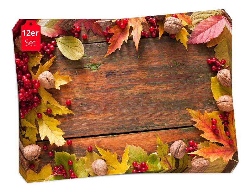 Tischsetmacher Platzset Tischsets I Platzsets - Herbst - Blätter und Walnüsse, (aus Naturpapier in Aufbewahrungsmappe, 12-St., 44 x 32 cm / bunt) von Tischsetmacher