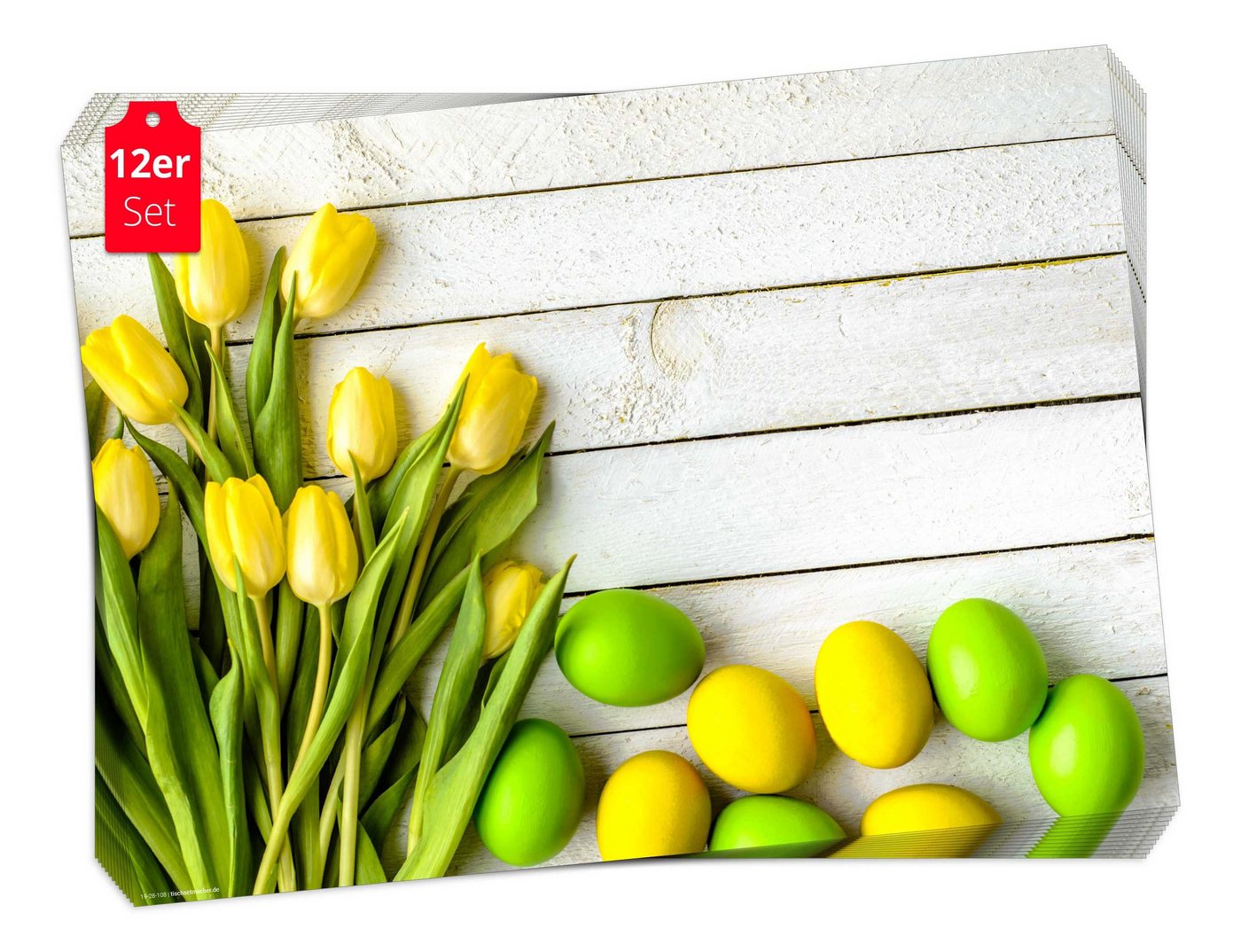 Platzset, Tischset Frühling, Ostern & Blumen - Ostereier mit gelben Tulpen, Tischsetmacher, (aus Naturpapier in Aufbewahrungsmappe für tolles Ambiente, 12-St., 44 x 32 cm / grün-gelb), Tischdeko Made in Germany von Tischsetmacher