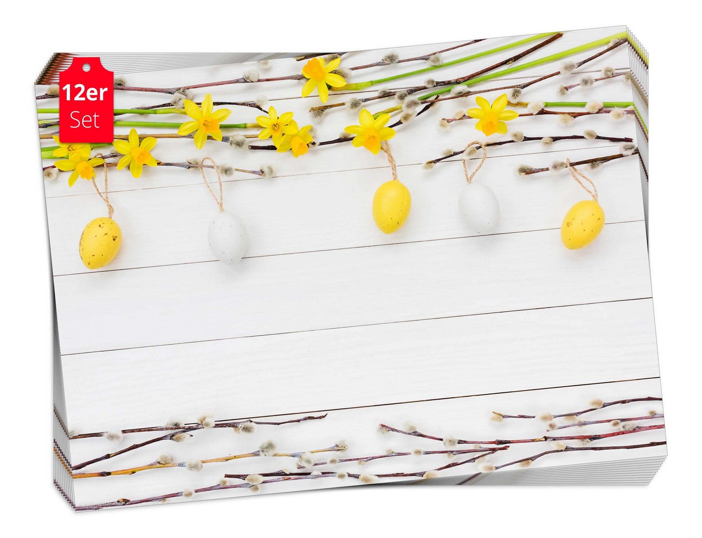 Platzset, Tischset Frühling, Ostern & Blumen - Motiv mit kleinen Ostereiern, Tischsetmacher, (aus Naturpapier in Aufbewahrungsmappe, 12-St., 44 x 32 cm / gelb-weiß), Made in Germany von Tischsetmacher