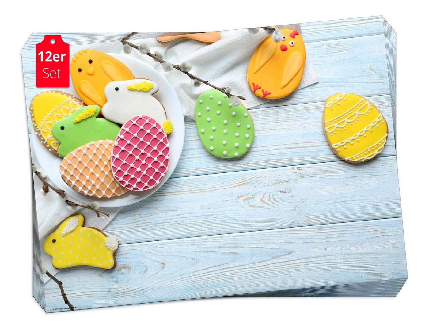 Platzset, Tischset Frühling, Ostern & Blumen - Ostermotiv mit Zuckergebäck, Tischsetmacher, (aus Naturpapier in Aufbewahrungsmappe, 12-St., 44 x 32 cm / blau), Made in Germany von Tischsetmacher