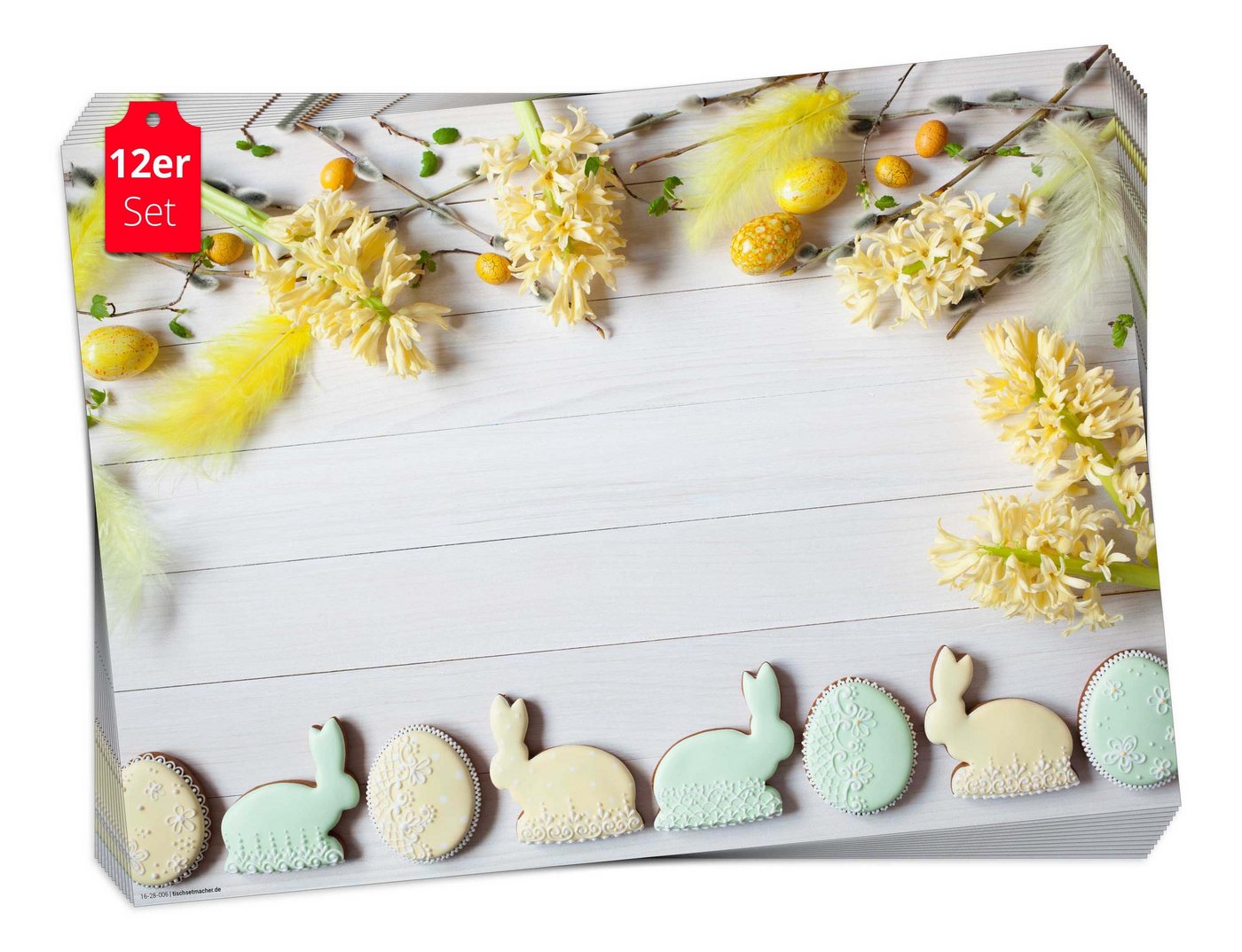 Tischsetmacher Platzset Tischset Frühling, Ostern & Blumen - Zuckergebäck und Blumen, (aus Naturpapier in Aufbewahrungsmappe, 12-St., 44 x 32 cm / weiß-gelb), Made in Germany von Tischsetmacher