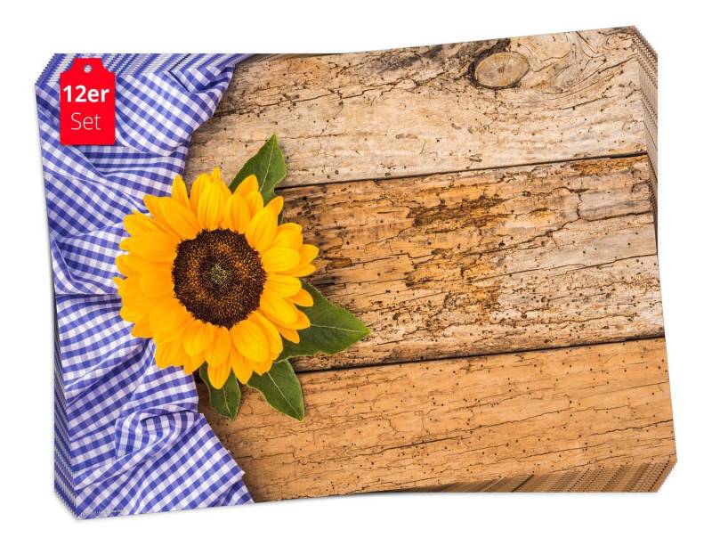 Tischsetmacher Platzset Tischsets I Platzsets - Sonnenblume mit blauer Decke, (aus Naturpapier in Aufbewahrungsmappe, 12-St., 44 x 32 cm / blau- gelb), Tischdeko Made in Germany von Tischsetmacher