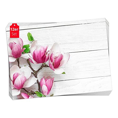 Tischset, Platzset - Magnolienast - 12 Stück Made in Germany, 44x32cm aus speziellem Naturpapier in Aufbewahrungsmappe – die besondere Tischdeko für Frühling, Ostern & Blumen von Tischsetmacher