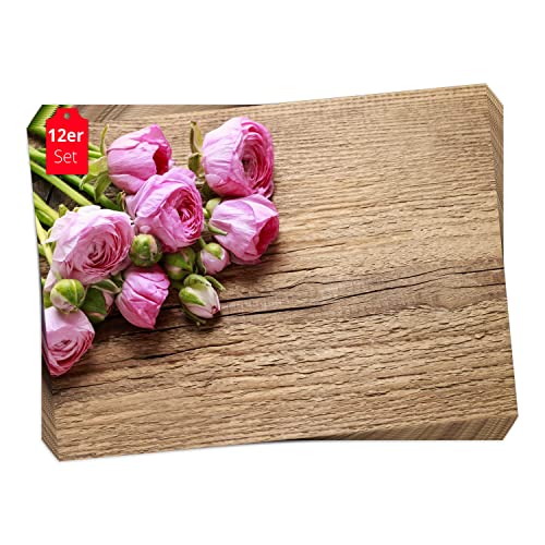 Tischset, Platzset - Rosa Rosen auf Holz - 12 Stück Made in Germany, 44x32cm aus speziellem Naturpapier in Aufbewahrungsmappe – die besondere Tischdeko für Frühling, Ostern & Blumen von Tischsetmacher