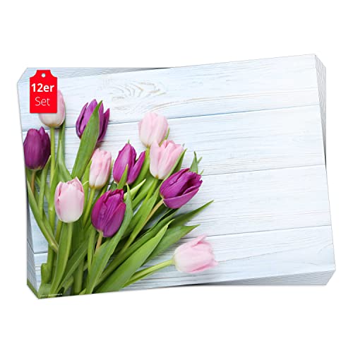 Tischset, Platzset - Lila Tulpen - 12 Stück Made in Germany, 44x32cm aus speziellem Naturpapier in Aufbewahrungsmappe – die besondere Tischdeko für Frühling, Ostern & Blumen von Tischsetmacher