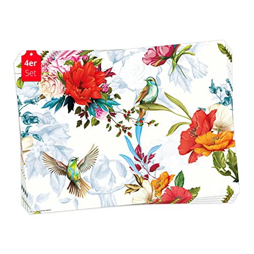 Tischset | Platzset abwaschbar - Bunte Kolibris mit Wildblumen - aus erstklassigem Vinyl (Kunststoff - BPA-frei) - 4 Stück - rutschfeste Tischunterlage - Tischmatte - Made in Germany von Tischsetmacher