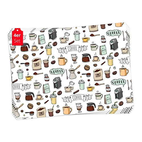 Tischset | Platzset abwaschbar - Kaffee Doodles - aus erstklassigem Vinyl (Kunststoff - BPA-frei) - 4 Stück - rutschfeste Tischunterlage mit zeitlosem Design - Tischmatte - Made in Germany von Tischsetmacher