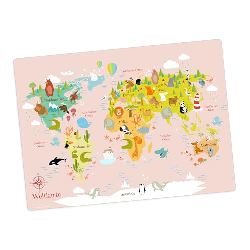 Tischset | Platzset abwaschbar – Weltkarte in rosa für Kinder – 44 x 32 cm – aus hochwertigem Vinyl von Tischsetmacher