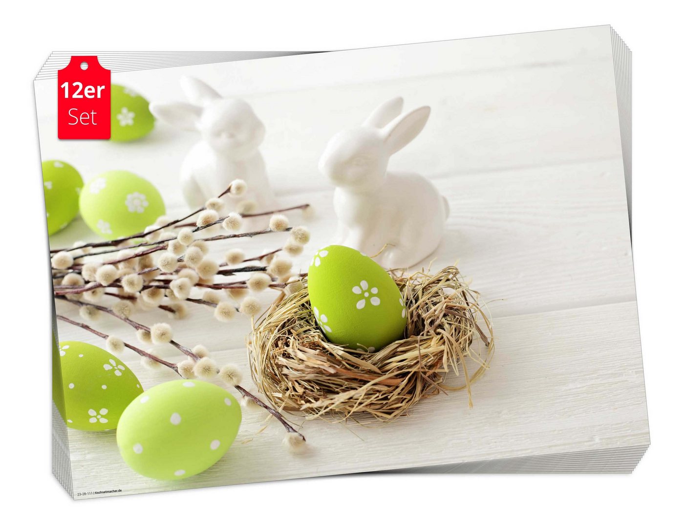 Tischsetmacher Platzset Tischset Frühling, Ostern & Blumen - Osterdeko mit weißen Osterhasen, (aus Naturpapier in Aufbewahrungsmappe, 12-St., 44 x 32 cm/ weiß-grün), Made in Germany von Tischsetmacher