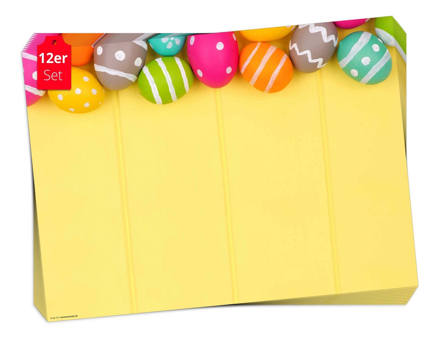 Tischsetmacher Platzset Tischset Frühling, Ostern & Blumen - Ostereier auf gelbem Hintergrund, (aus Naturpapier in Aufbewahrungsmappe für tolles Ambiente, 12-St., 44 x 32 cm / bunt), Tischdeko Made in Germany von Tischsetmacher
