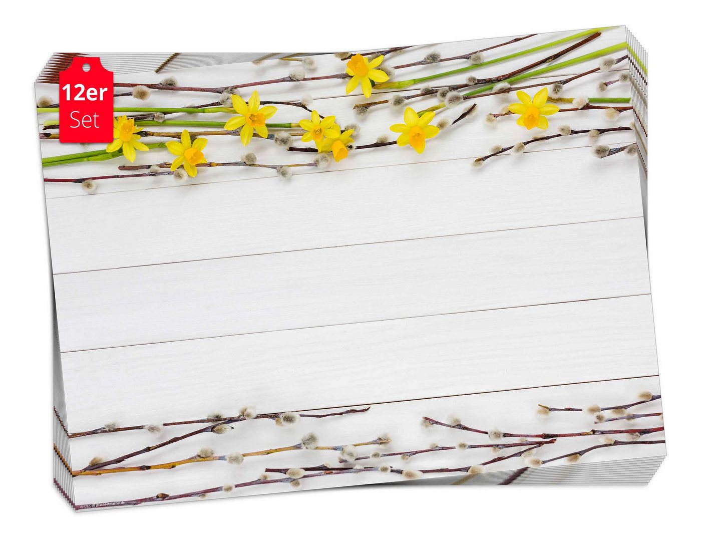 Tischsetmacher Platzset Tischset Frühling, Ostern & Blumen - Osterglocken und Weidenkätzchen, (aus Naturpapier in Aufbewahrungsmappe für tolles Ambiente, 12-St., 44 x 32 cm / weiß-gelb), Tischdeko Made in Germany von Tischsetmacher