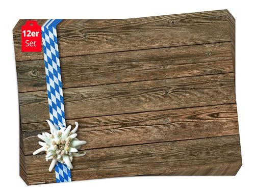 Tischsets I Platzsets - Edelweis mit Weiss blauem Band auf dunklem Tisch- 12 Stück in hochwertiger Aufbewahrungsmappe von Tischsetmacher