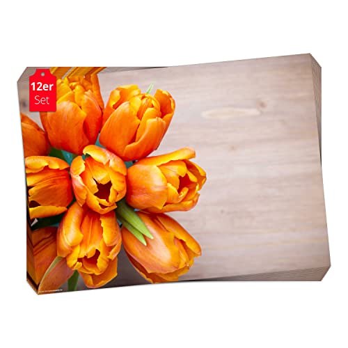 Tischset, Platzset - Orange Tulpen auf Holztisch - 12 Stück Made in Germany, 44x32cm aus speziellem Naturpapier in Aufbewahrungsmappe – die besondere Tischdeko für Frühling, Ostern & Blumen von Tischsetmacher