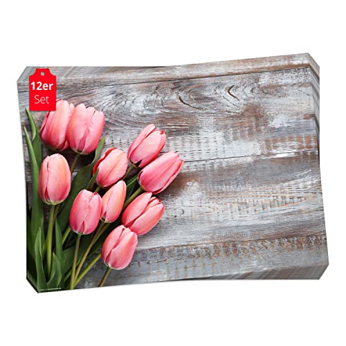 Tischset, Platzset - Rosarote Tulpen - 12 Stück Made in Germany, 44x32cm aus speziellem Naturpapier in Aufbewahrungsmappe – die besondere Tischdeko für Frühling, Ostern & Blumen von tischsetmacher