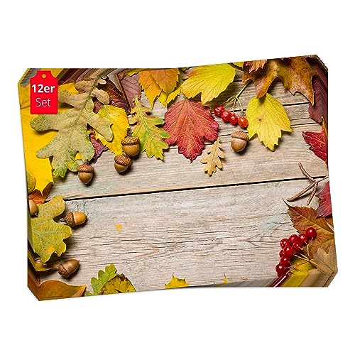 Tischsets I Platzsets - Herbst - Buntes Herbst Dekor - 12 Stück in hochwertiger Aufbewahrungsmappe, perfekt für Herbstdekoration von Tischsetmacher