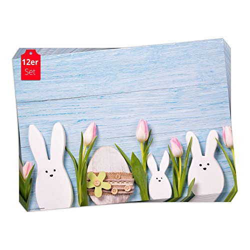 Tischset I Platzset - Frühling und Ostern - Osterhasen auf hellblauem Holztisch - 12 Stück 44 x 32 cm aus Premium Naturpapier in Aufbewahrungsmappe - die besondere Motto-Tischdekoration von Tischsetmacher